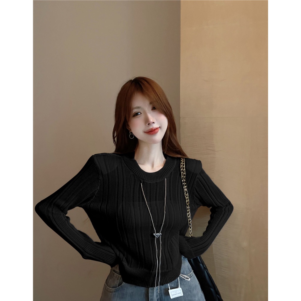 QKOOLE  Áo croptop Dệt Kim Tay Dài Hoạ Tiết Kẻ Sọc Phong Cách Hàn Quốc