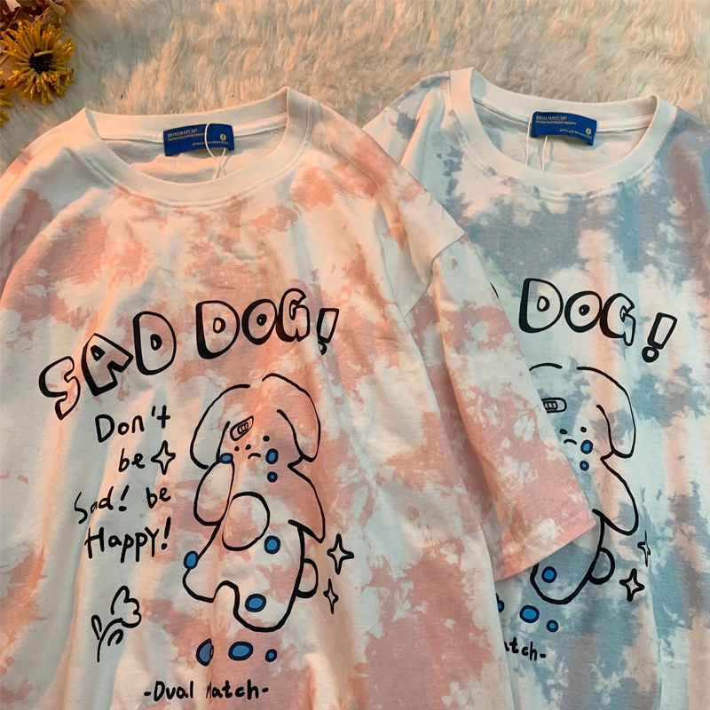 Áo thun tay lỡ Nam - Nữ from rộng cotton in hình CÚN con dễ thương màu loang, chữ SAD DOG!