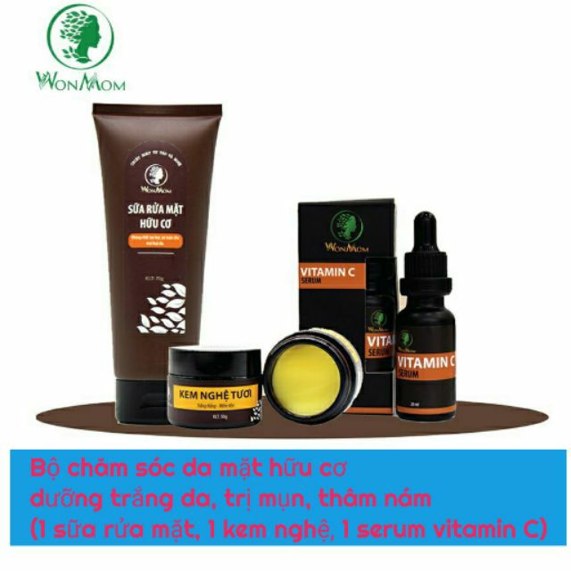 Bộ chăm sóc da mặt hữu cơ Wonmom - Dưỡng trắng, mụn, thâm nám (Sữa rửa mặt, Kem nghệ, Serum vitamin C) WM