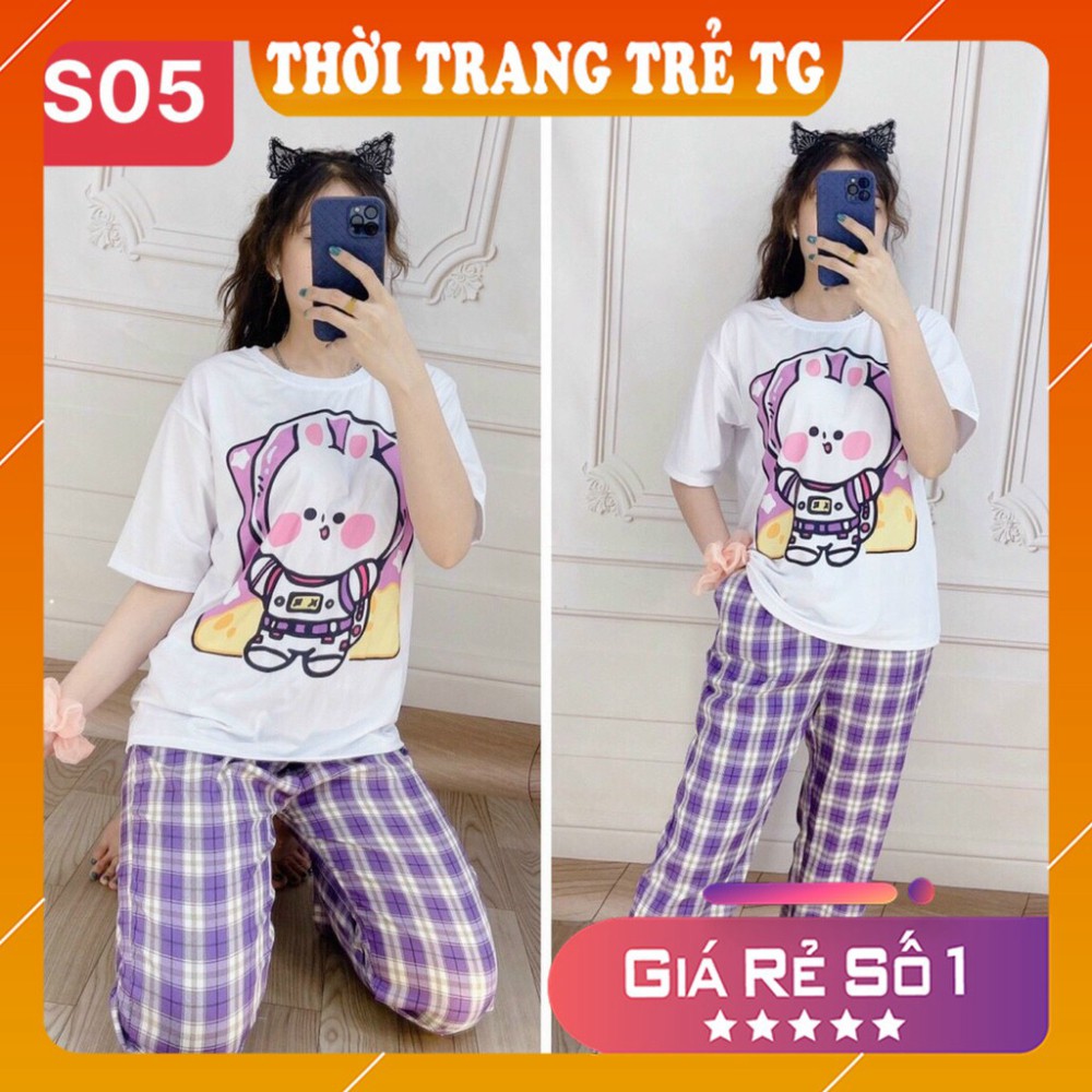 Đồ bộ nữ 𝑭𝒓𝒆𝒆𝒔𝒉𝒊𝒑 Set Đồ Bộ Quần Sọc Caro Ống Rộng S01 S05 Hình Thỏ Tím Freesize Form Rộng Cực Thoáng Mát