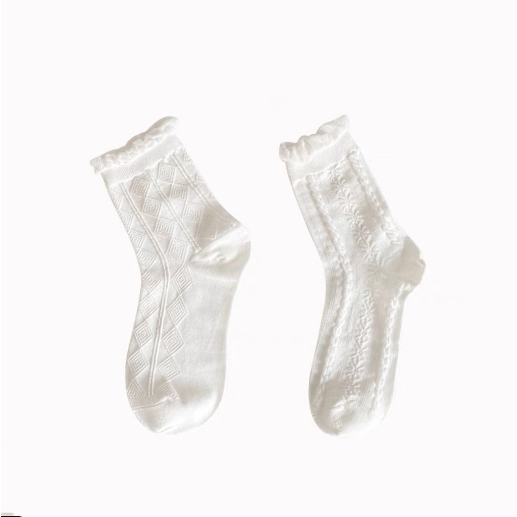 Tất trắng cổ cao, vớ trắng cổ cao cotton họa tiết xinh xắn phong cách Hàn Quốc Chaiko Studio