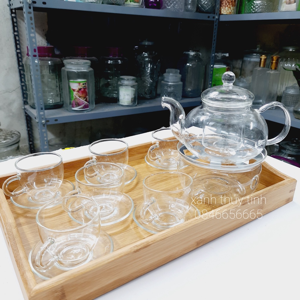 Bộ ấm trà thủy tinh chịu nhiệt có kèm khay tre, ấm lọc 600ml - AT2