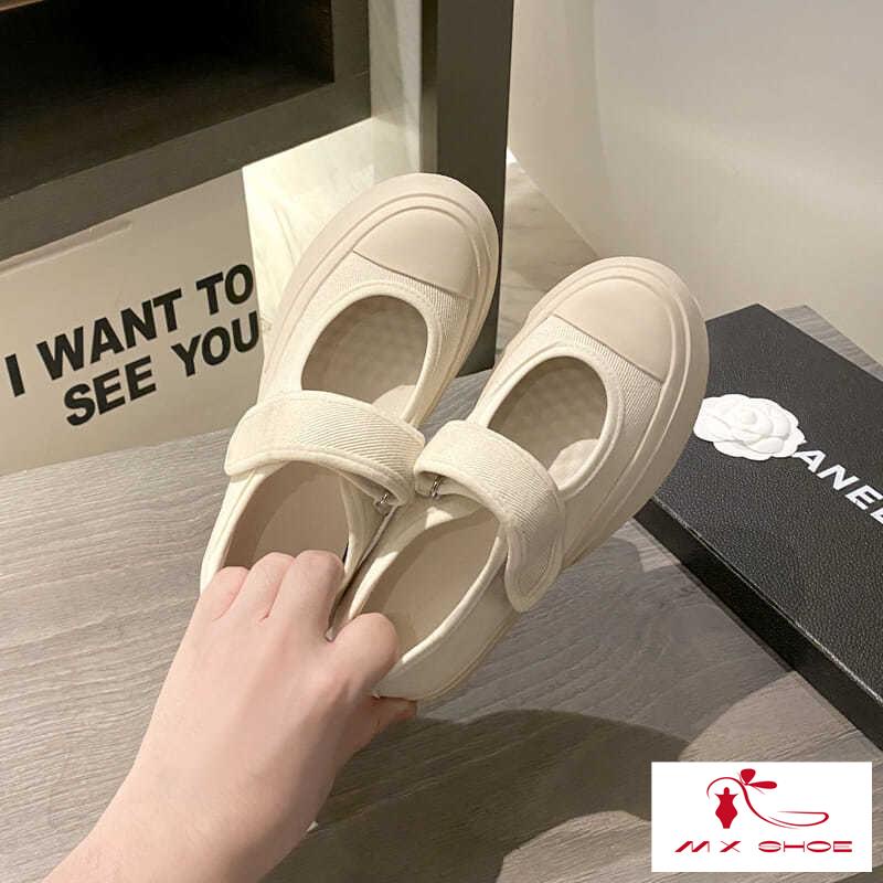 M & X~ Giày Sandal Mary Jane Vải Canvas Màu Trắng Đế Bằng Cho Nữ