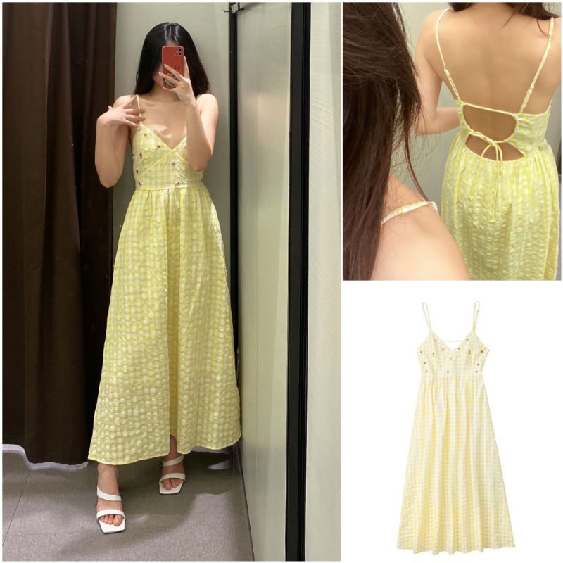 ĐẦM CARO VÀNG DÁNG DÀI HỞ LƯNG ZARA XUẤT XỊN TQXK