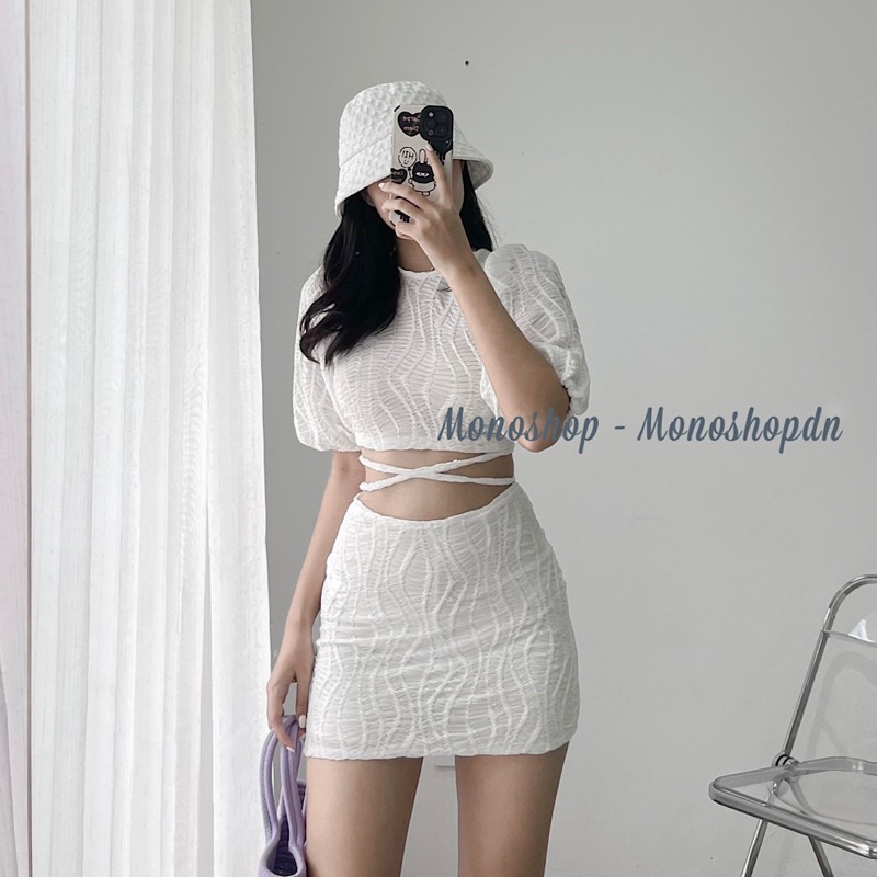 Set áo croptop đan dây sau cột dây eo kèm chân váy ôm vải lượn sóng Ảnh thật/ sẵn
