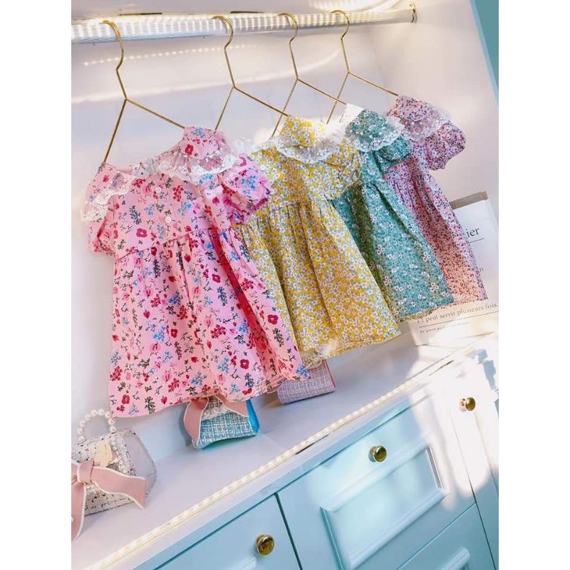 Váy Hoa Nhí Đính Ren Cho Bé Gái - Chất Thô Mềm, Mát.