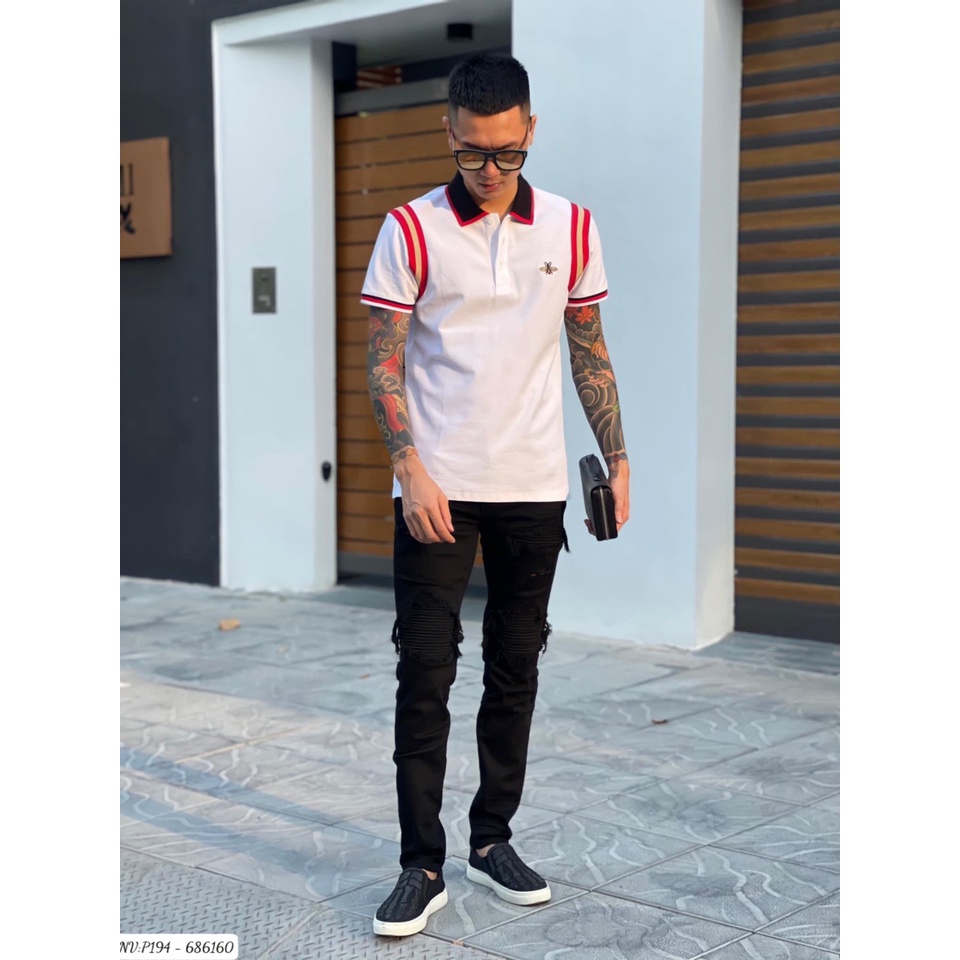 Áo Polo Nam Gc Phối Họa Tiết Viền Vai Và Hình Thêu Ong Ở Ngực - Áo Cổ Bẻ Nam Gc Chất Vải Gai Cao Cấp DT FASHION MENWEAR