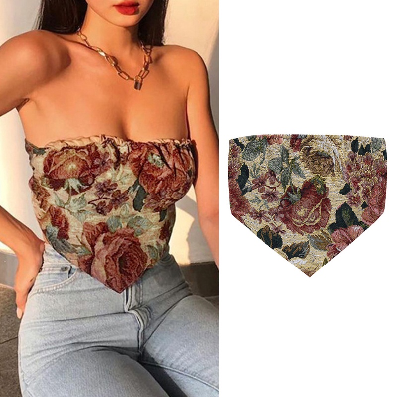 Áo ống không tay hở lưng họa tiết hoa hồng phong cách vintage gợi cảm cho nữ