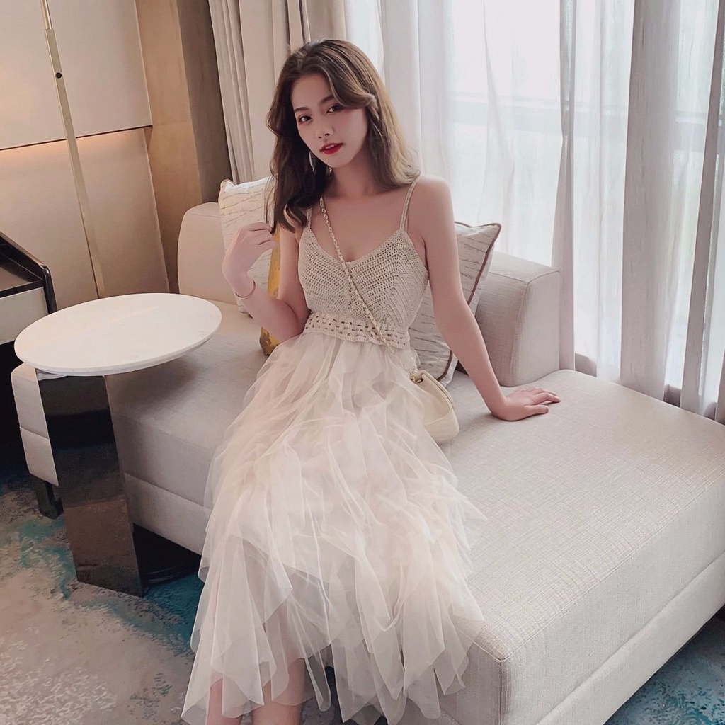 Đầm Hai Dây Phối Lưới Cổ Chữ V Thời Trang Đi Biển Mùa Hè Cho Nữ