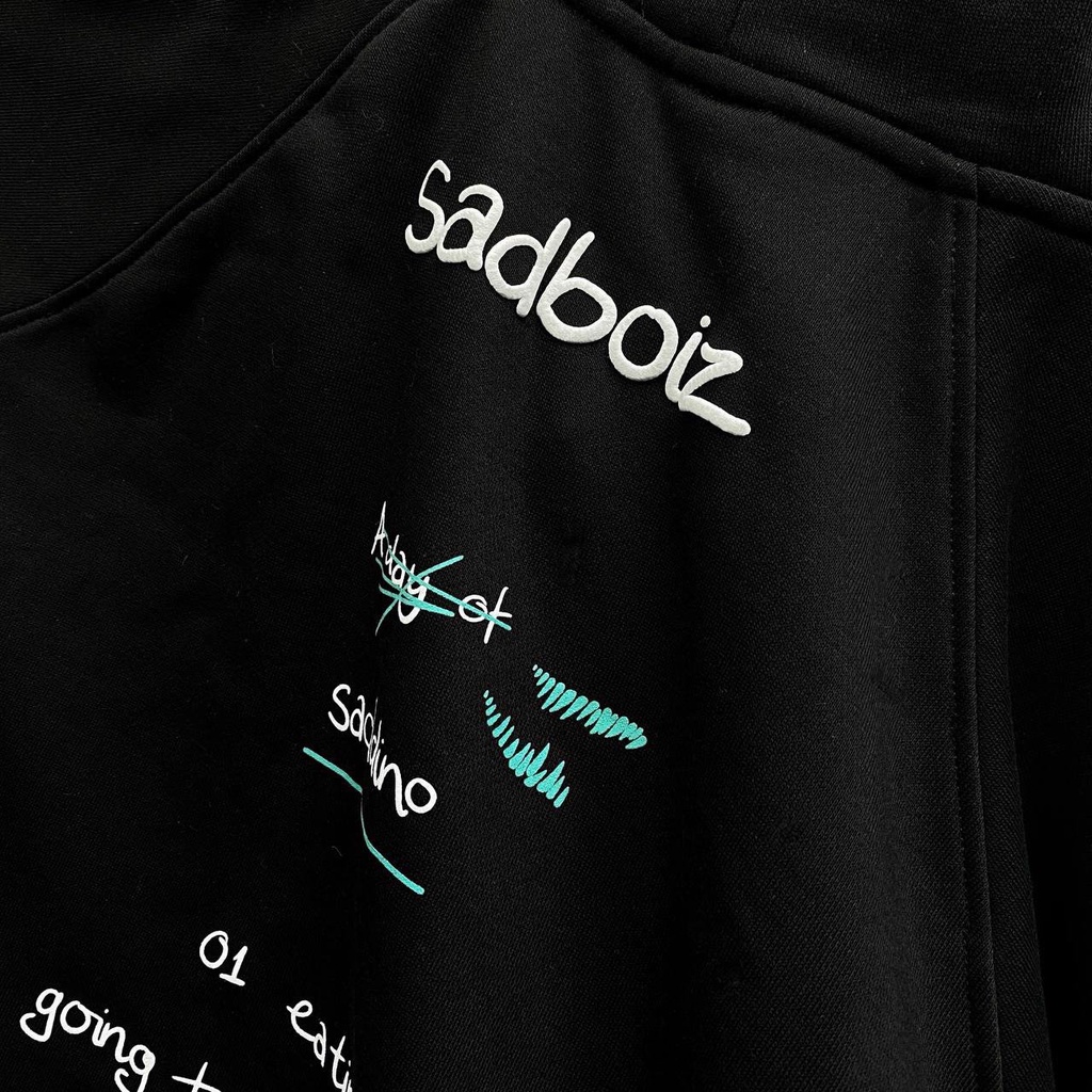 áo hodie tay dài SADBOIZ SADDINO khủng long xanh( mẫu in) uinisex from rộng nam nữ NỈ cotton mũ hai lớp BLACK