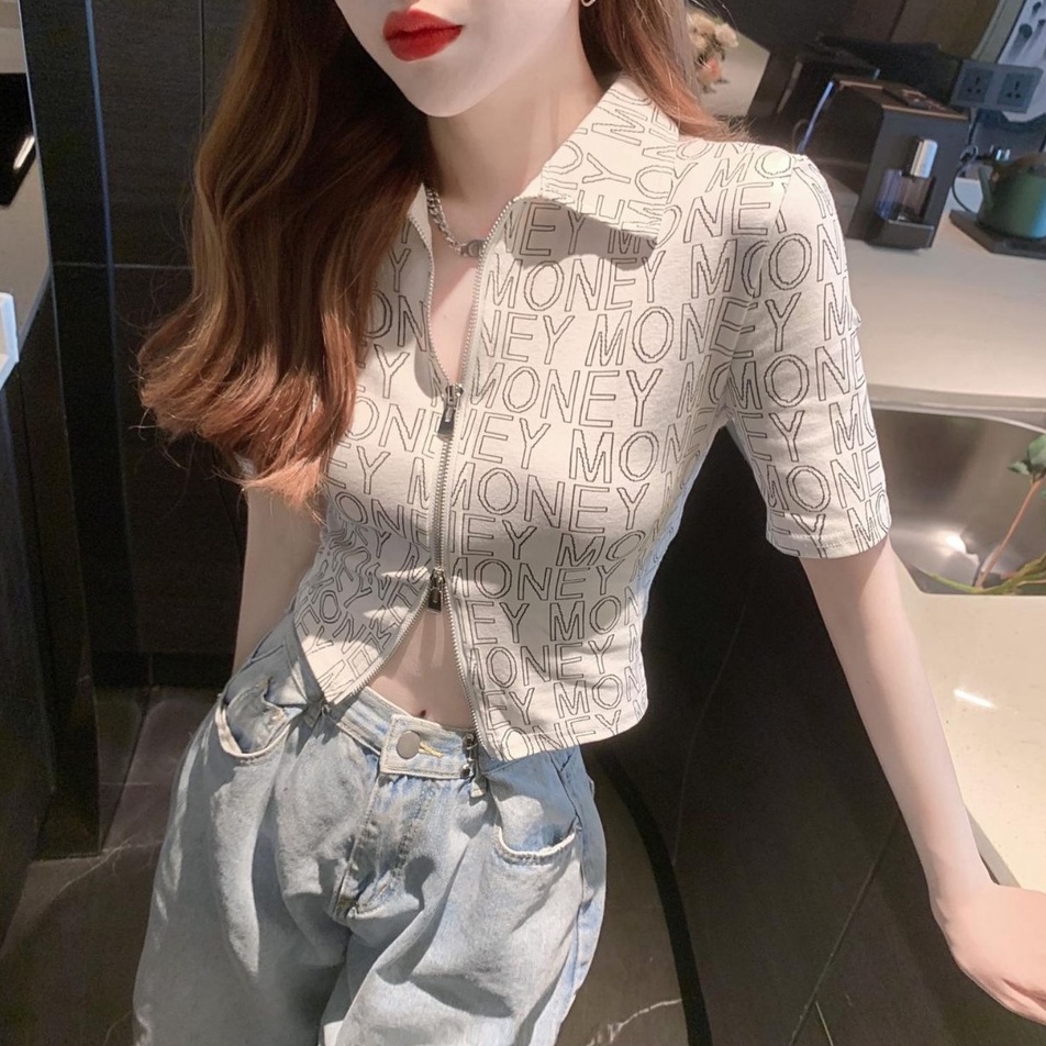 Áo POLO Dệt Kim Tay Ngắn Phối Khóa Kéo Lưng Cao Cá Tính