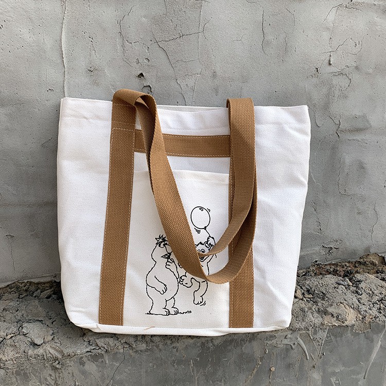Túi tote vải canvas siêu dày quai nâu liền dài chắc chắn