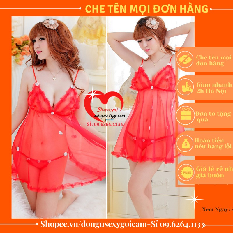 Đầm ngủ sexy - Đồ ngủ sexy 2 dây voan mỏng xuyên thấu gợi cảm đính hoa nhí ( Nhiều lựa chọn)