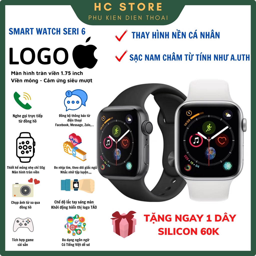 Đồng hồ thông minh Watch Series 6 Logo Táo, Tràn viền,  Nghe Gọi, Sạc không dây, Thay hình nền, Chơi game, Tiếng Việt