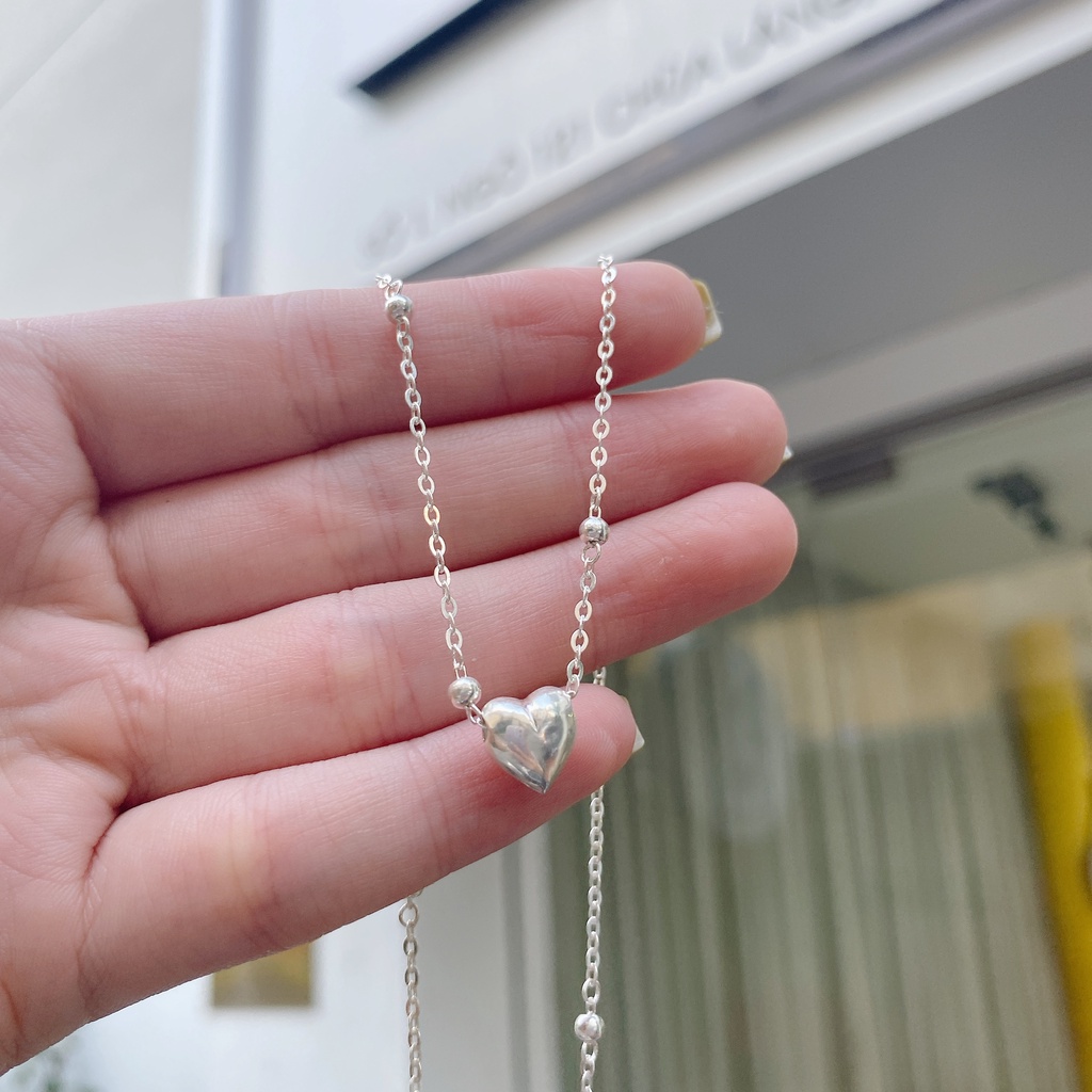 Dây Chuyền Bạc Ta Cao Cấp CaoBac Silver Tim Phồng Trơn Cạnh Bi Đơn Giản Nhẹ Nhàng, Thanh Lịch Dành Tặng Cho Bạn Gái