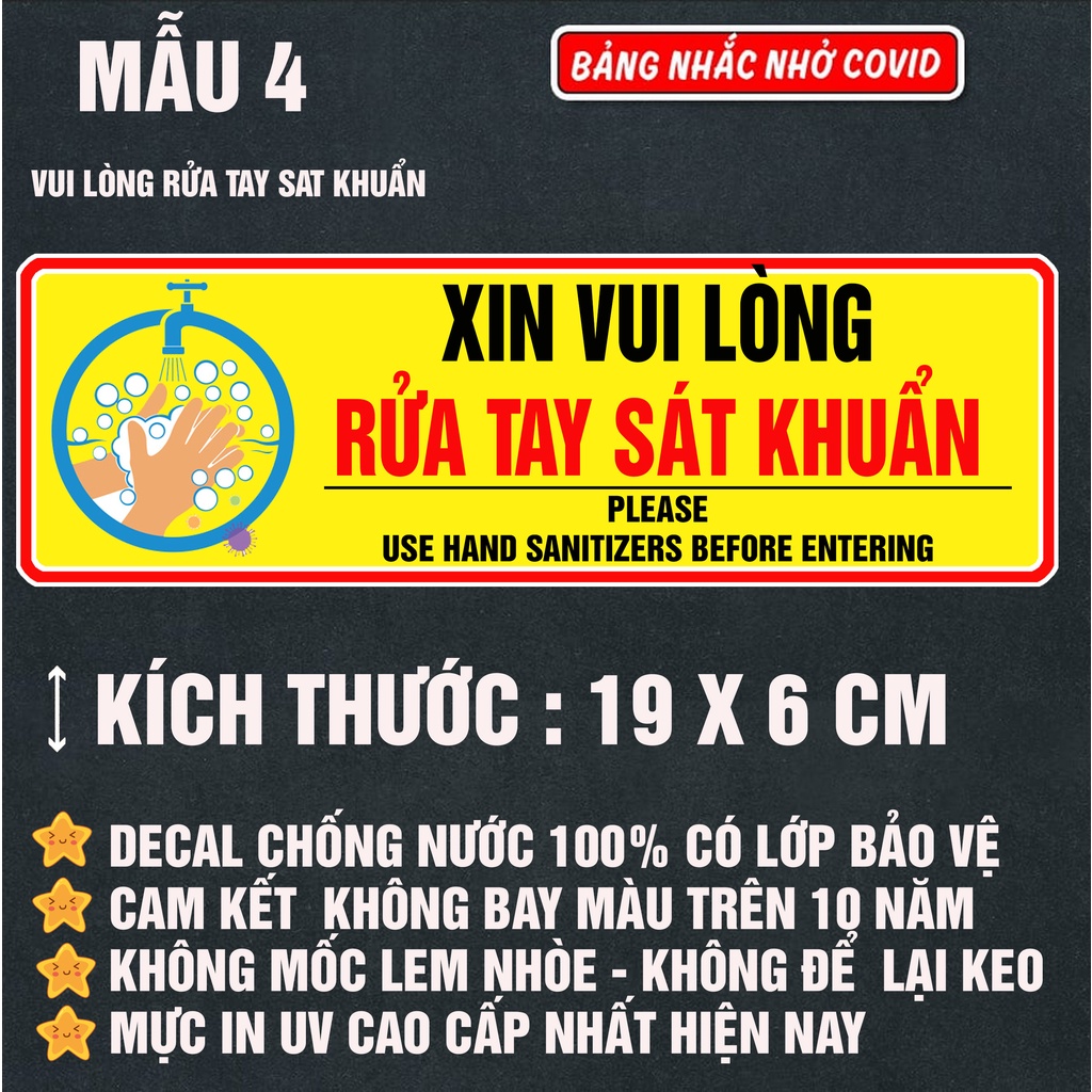 Logo Sticker decal dán nhắc nhở yêu cầu đeo khẩu trang, rửa tay sát khuẩn, face mask and hand sanitizers kích thước 19x6