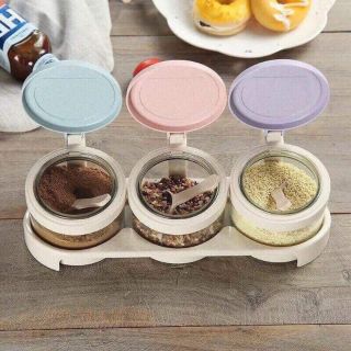 SET 3 HŨ ĐỰNG GIA VỊ THỦY TINH NẮP NHỰA LÚA MẠCH