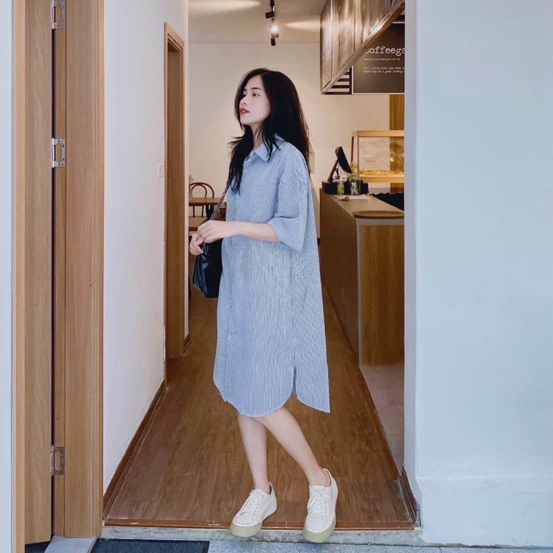 Đầm váy sơ mi suông sọc xanh