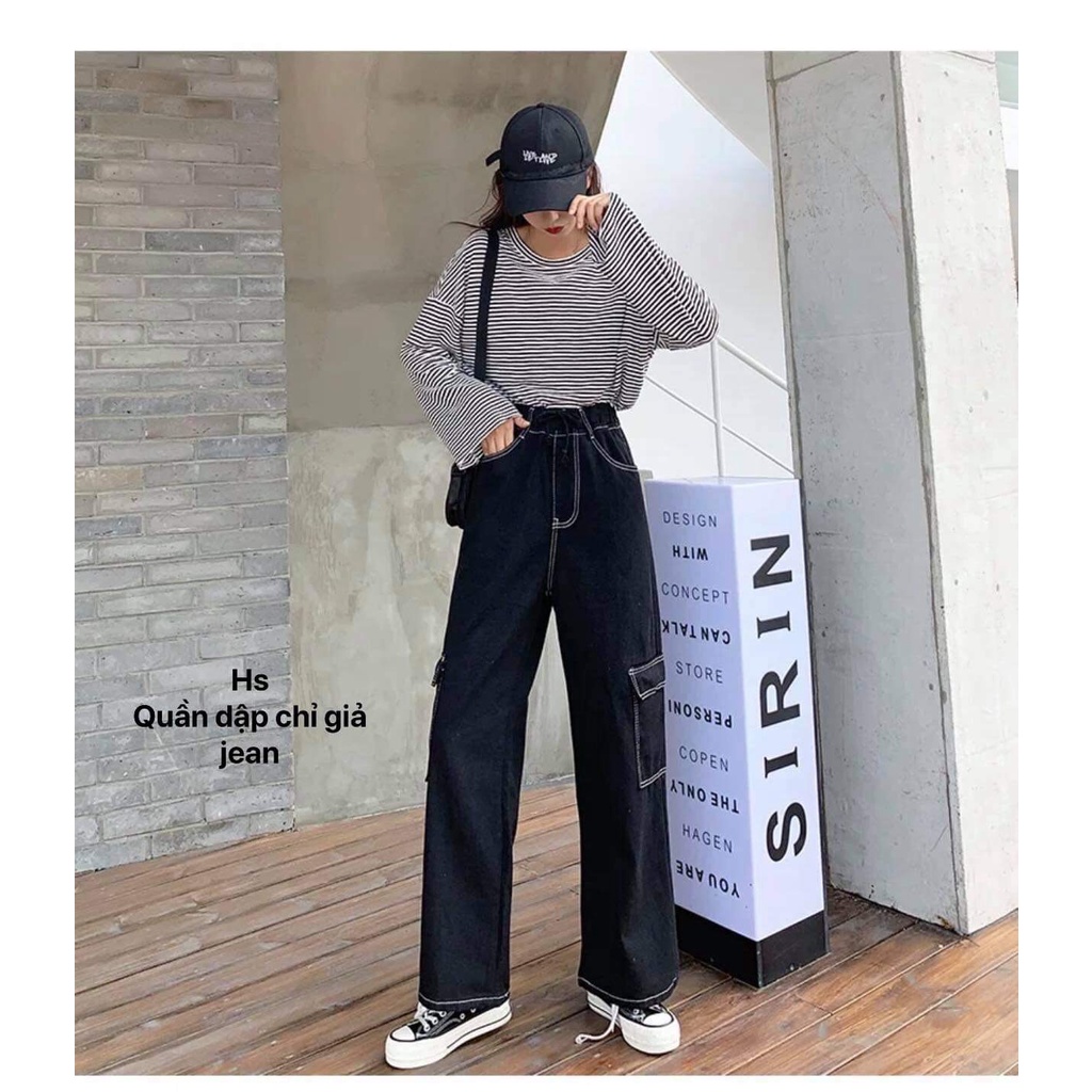 Quần suông gân chỉ giả jean nam nữ ống rộng Unisex 2 túi hộp chất thái chéo có ảnh thật và video M.Store