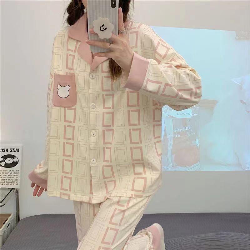 Bộ Đồ Ngủ Tay Dài In Hình Chú Gấu Nhỏ Gongge Màu Hồng Xinh Đẹp Thời Trang Mùa Thu Mới Dành Cho Bạn Nữ Mặc Ở Nhà