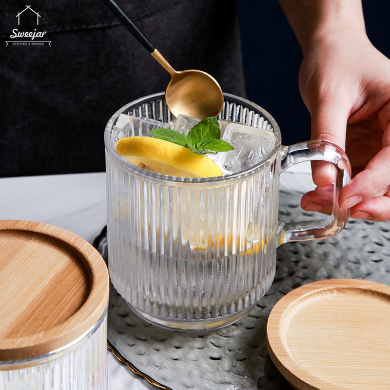 Cốc cà phê nước ép cocktail SWEEJAR thủy tinh không chì có nắp đậy gỗ và quai cầm 350ml tiện lợi