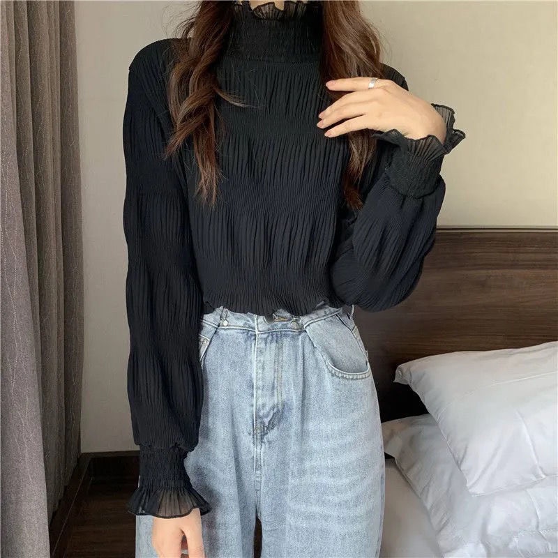 Áo sơ mi cổ cao lưới ren tay dài dáng rộng phong cách thu đông thời trang cho nữ