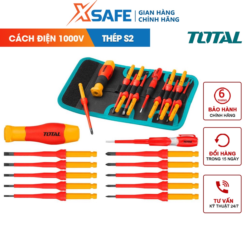 Bộ tua vít cách điện 1000V 12 chi tiết TOTAL THKISD1201 có thể thay đổi đầu linh hoạt, chứng nhận VDE/GS - chính hãng