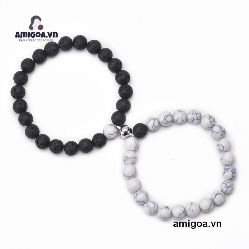 Vòng Tay Chuỗi Hạt Nam Châm Màu Trắng Đen Thời Trang Cho Cặp Đôi
