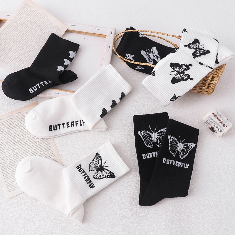Tất cổ cao nữ, vớ cổ cao Unisex màu trắng đen thời trang phong cách Hàn Quốc vải cotton co giãn hình bướm xinh xắn TD058