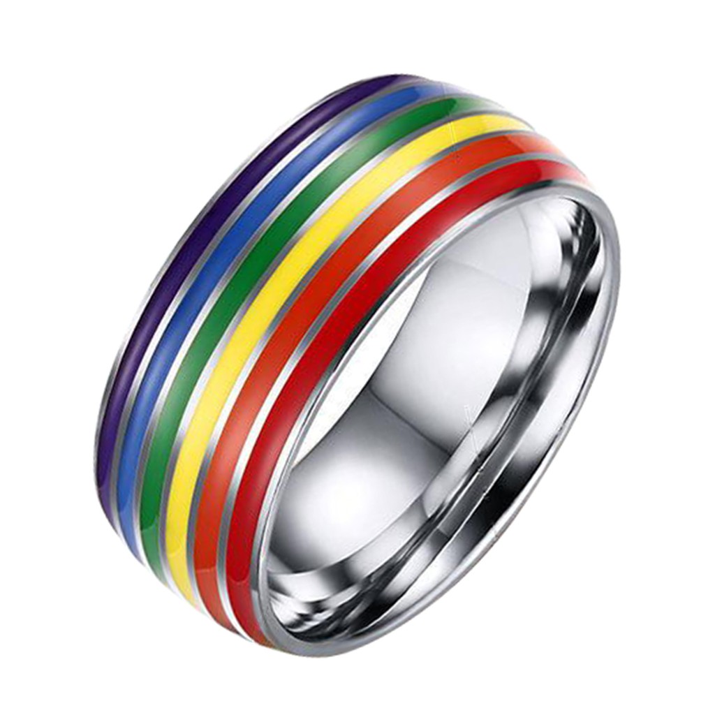8mm Stainless Steel Enamel Rainbow LGBT Pride Ring US  7 Size  17.4mm