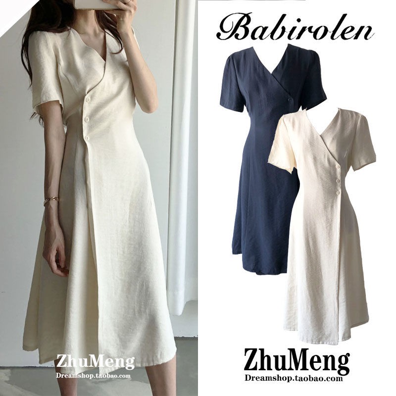 Xiaozhainv Đầm nữ xẻ cổ chữ V với 3 hàng nút ôm eo tay ngắn phong cách Hàn Quốc | BigBuy360 - bigbuy360.vn