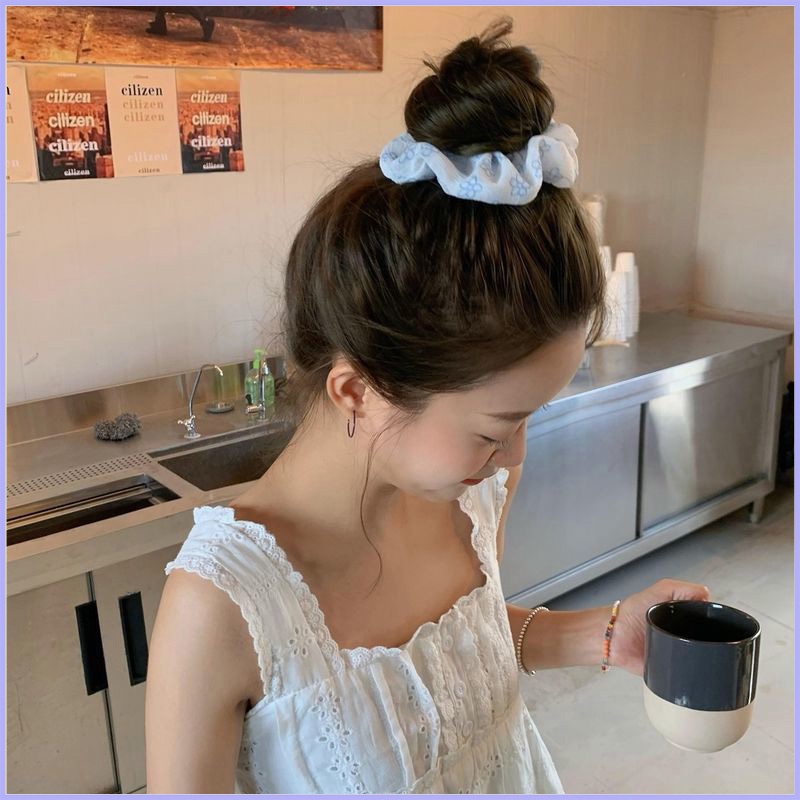 Dây Buộc Tóc Vải Hình Hoa Thêu, Cột Tóc Scrunchies Màu Pastel Xanh Hồng Dễ Thương Alina K4-V005