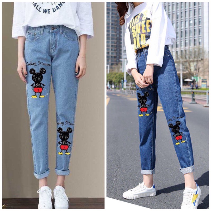 Quần jean baggy nữ in hình hoa cúc, mèo chuột mickey, kitty ngộ nghĩnh cute