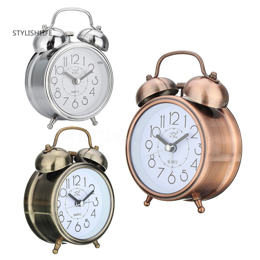 GZ Classic Silent Double Bells Quartz Movement Bedside Table Retro Mini Alarm Clock