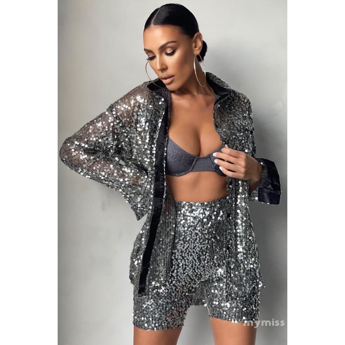 Mymiss1-áo Sơ Mi Nữ Tay Dài Đính Kim Sa Phía Trước Hoặc Quần Short Bodycon Mùa Xuân Hè