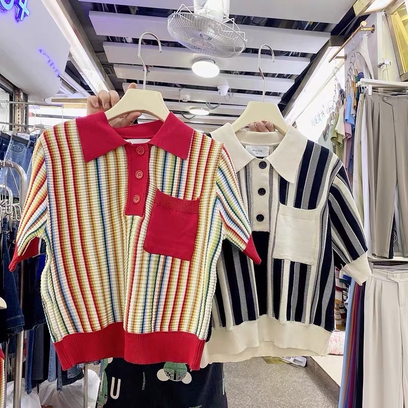 áo len dệt kim cổ đức phối sọc màu kèm túi ngực (07862-1#)