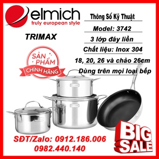 Bộ nồi inox cao cấp 3 lớp đáy liền elmich trimax 3742 4 chiếc size 18-20-26 & chảo 26cm