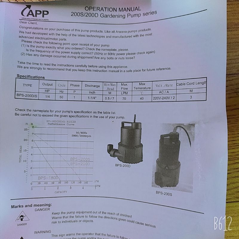 Máy bơm chìm dân dụng APP BPS-200D 200W, chính hãng