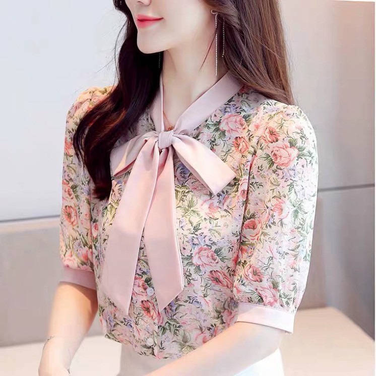 HÀNG SẴN KHO Áo voan hoa cổ nơ mẫu mới