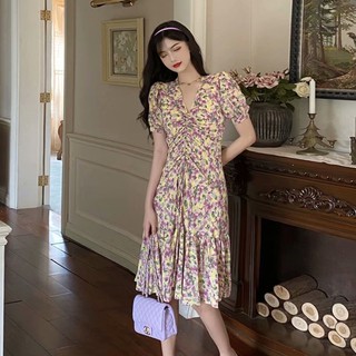 Đầm hoa tay ngắn cổ chữ v thanh lịch cho nữ