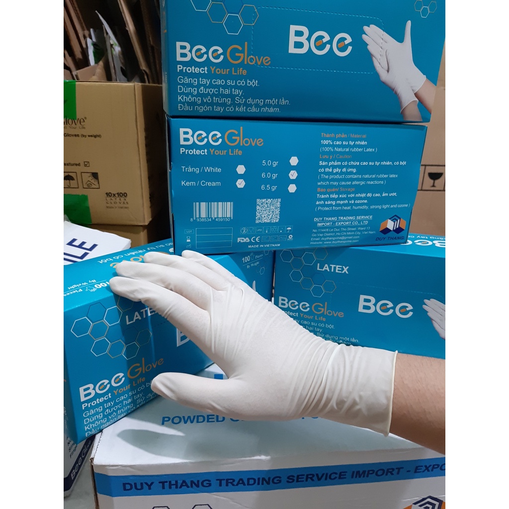 1 thùng 10 hộp Găng tay cao su Bee Glove Latex , có bột chính hãng Có Bột Màu Kem 6.0gr - Size XS,S,M,L
