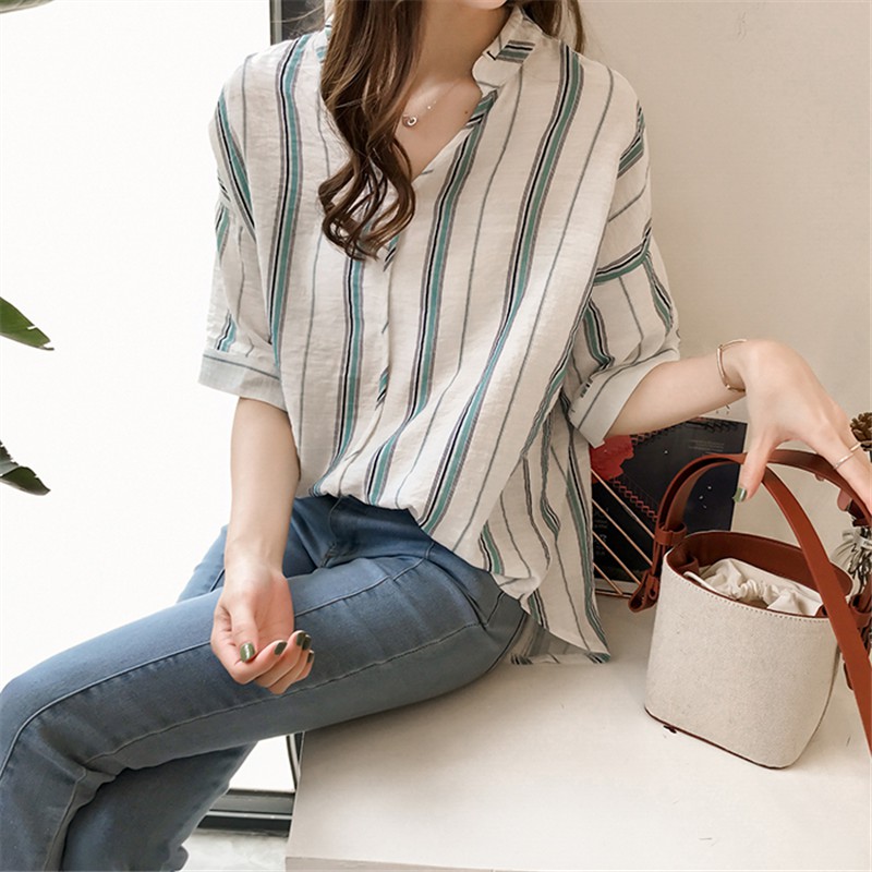 Áo kiểu RENJIANVSHENG tay ngắn cổ chữ V họa tiết kẻ sọc trẻ trung thời trang dành cho nữ