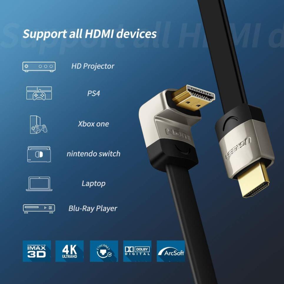 Cáp HDMI đầu đúc hợp kim dẹt vuông góc 90° Down (bẻ xuống) dài 1M UGREEN10281 HD122