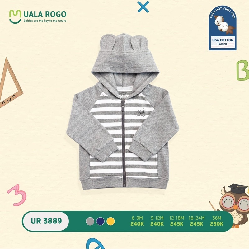 Áo khoác có mũ kẻ to UalaRogo UR3889 SIZE 6-12M (chọn màu nt cho shop)