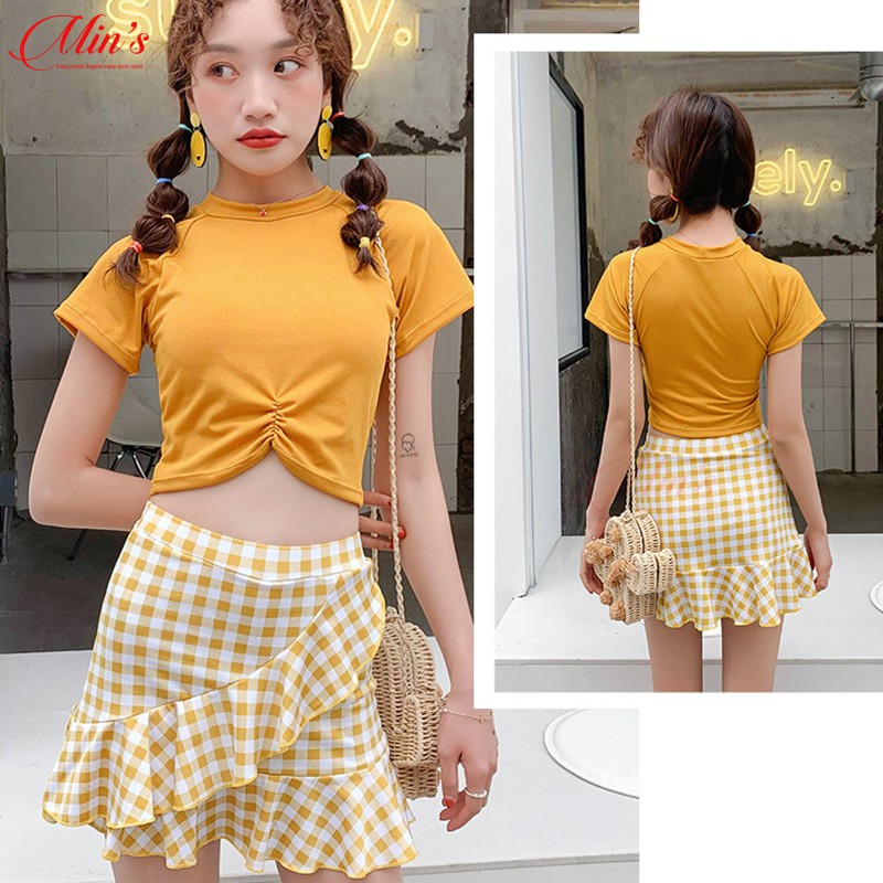 Đồ Bơi Nữ Đi Tắm Biển Mùa Hè Áo Tay Cộc Váy Kèm Quần Co Giãn Trẻ Trung 2 Màu Hồng, Vàng Chân Váy Caro MIN Bikini | BigBuy360 - bigbuy360.vn