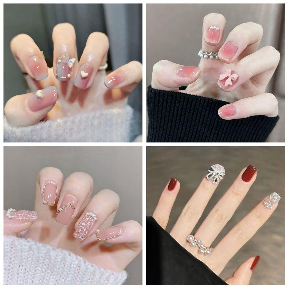 Bộ Móng Tay Giả Ngắn Che Phủ Toàn Diện Dạng Nhấn Phong Cách Pháp