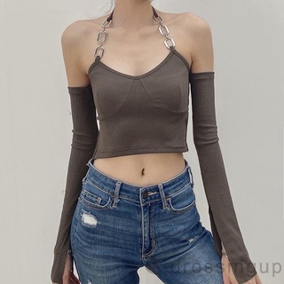 Áo croptop tay dài phối dây xích thời trang cho nữ
