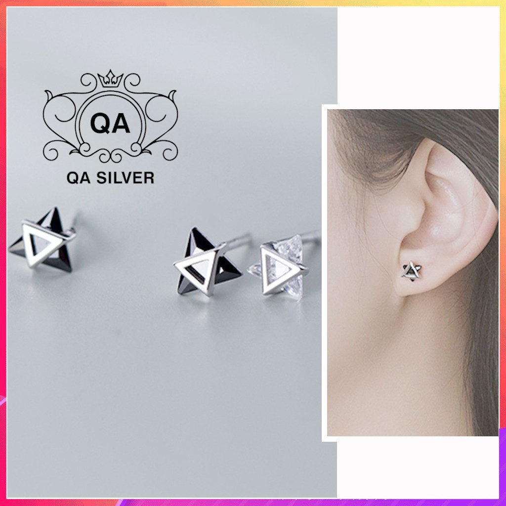 Bông tai bạc tam giác đôi khuyên tai hình học mặt đá đen trắng S925 TRIANGLE Silver Earrings QA SILVER EA200607