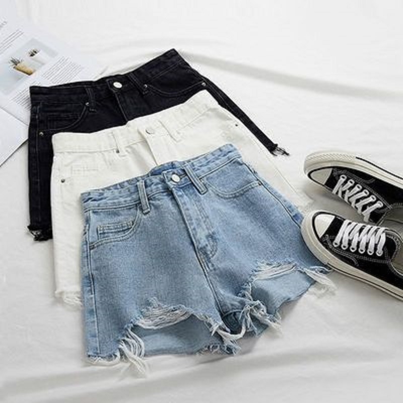 Quần Short Denim Lưng Cao Ống Rộng Thiết Kế Xẻ Rách Cá Tính