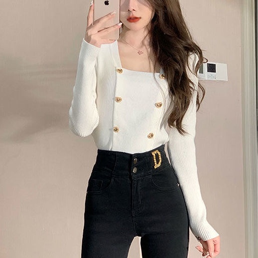 Áo sweater dệt kim cổ vuông phong cách phương Tây thời trang mùa thu cho n